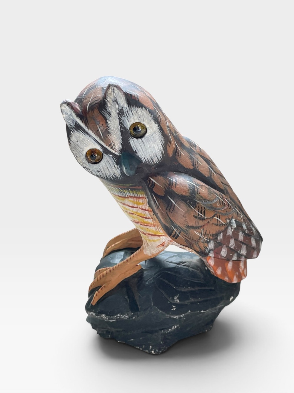 Vintage Action Industries Owl Figurine Stone Resin Amber Glass Eyes 70s 80s